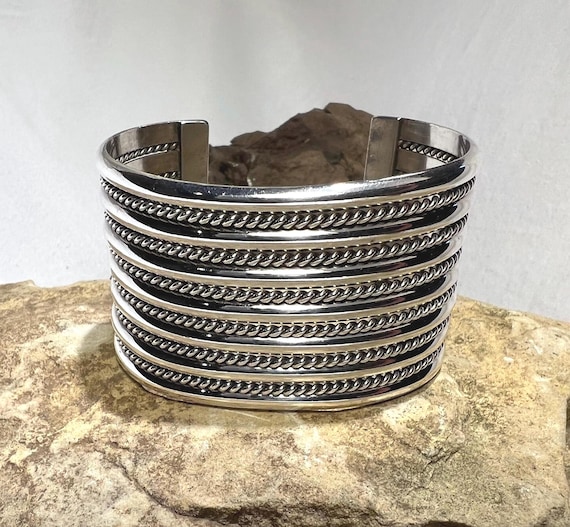 Solid Sterling Silver Wide Navajo Cuff Bracelet -… - image 2