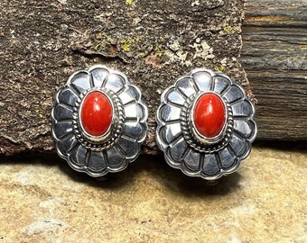 Navajo Red Coral and Sterling Silver Clip-On Earrings - Joe Delgarito Shop