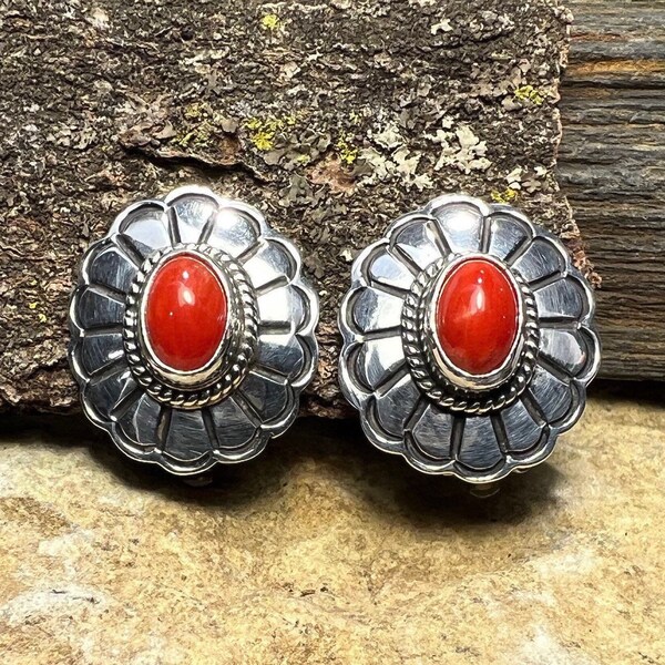 Navajo Red Coral and Sterling Silver Clip-On Earrings - Joe Delgarito Shop