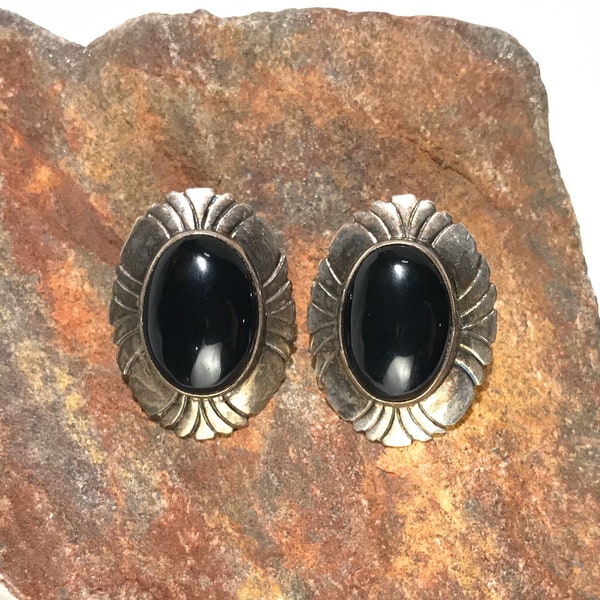 Navajo Polished Black Onyx and Sterling Silver Post Earrings - Gilo & Grace Nakai