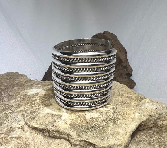 Solid Sterling Silver Wide Navajo Cuff Bracelet -… - image 16