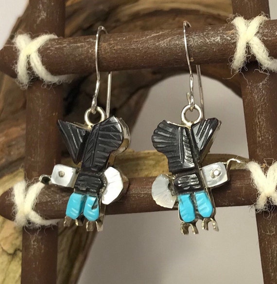 Zuni Turquoise Jet and Mother of Pearl Sterling S… - image 6