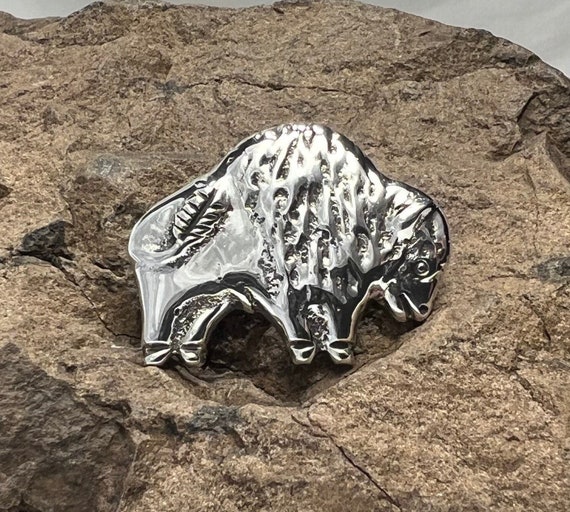 Solid Cast Sterling Silver Bison Brooch - image 1