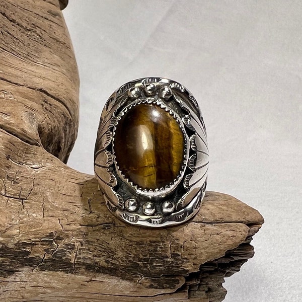 Sale!!!  Vintage Navajo Polished Tiger Eye Sterling Silver Ring in Size 10 - Gilo & Grace Nakai