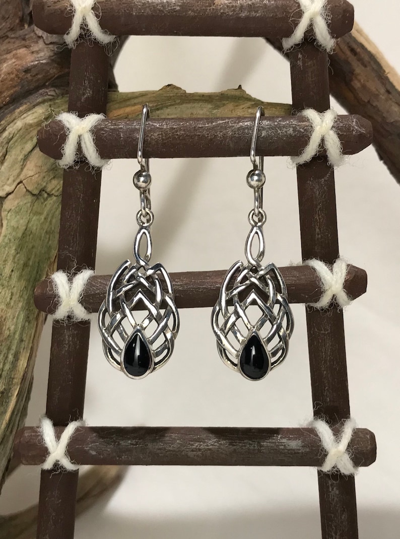 Black Onyx Celtic Knot Design Sterling Silver Earrings