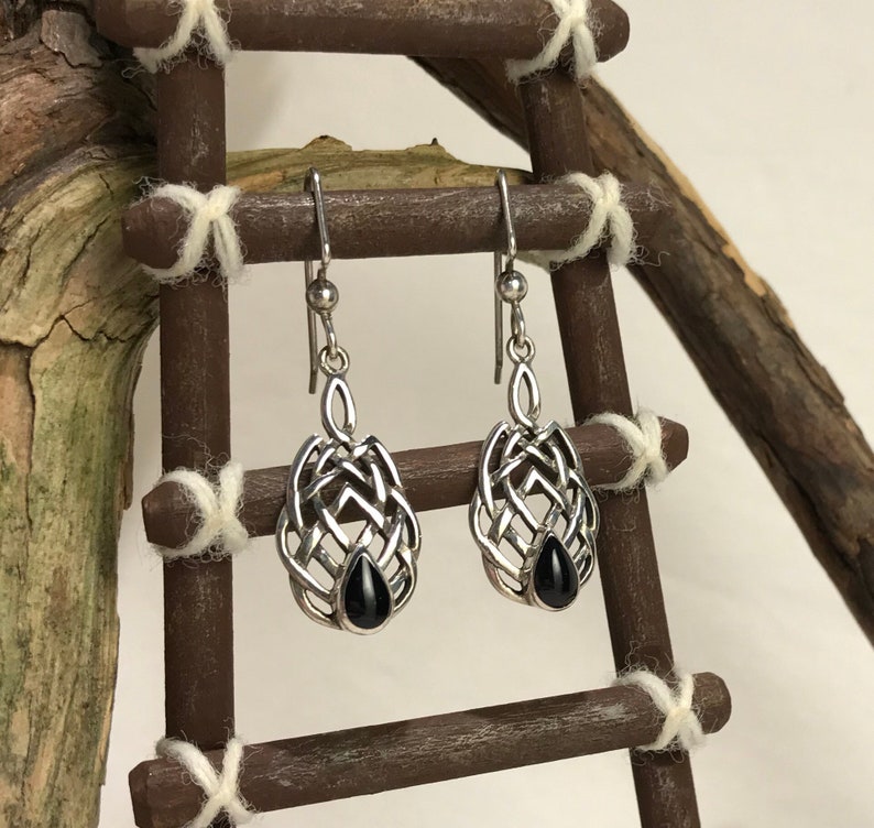 Black Onyx Celtic Knot Design Sterling Silver Earrings