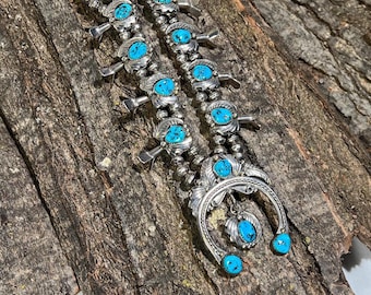 Vintage Navajo Kingman Mine Turquoise Sterling Silver Squash