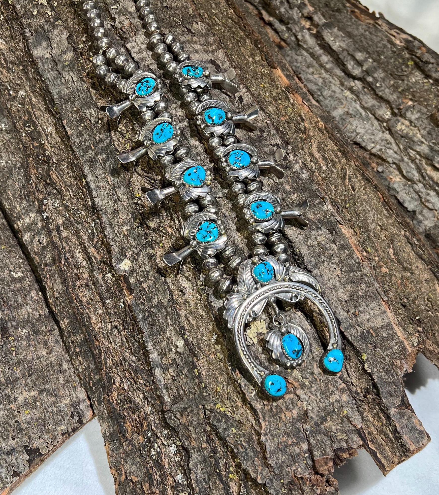 【希少】Indian jewelry KingmanMine turquoise Vintage Navajo Kingman Mine Turquoise Sterling Silver Squash