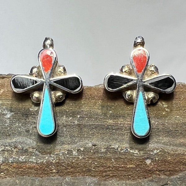 Southwest Native American Turquoise Jet and Coral Inlay Cross Sterling Silver Post Earrings