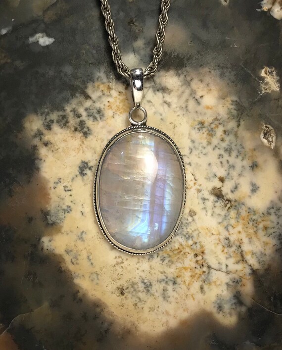 Polished Oval Rainbow Moonstone Sterling Silver P… - image 2