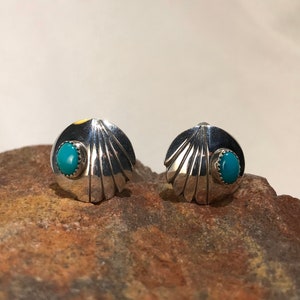Polished Turquoise Sterling Silver Disc Shaped Clip On Earrings