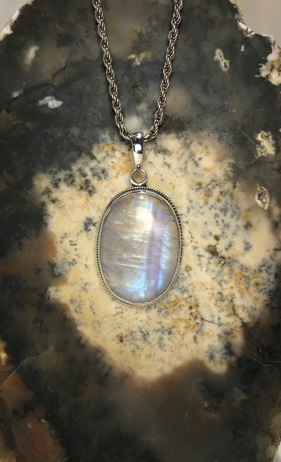 Polished Oval Rainbow Moonstone Sterling Silver P… - image 9