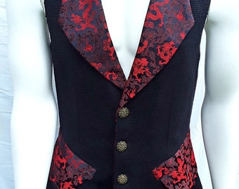 Mens Fitted 17th Century French Inspired Black Boucle & Red Dragon Brocade Long Length Flared Waistcoat