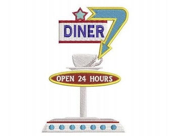 1950s 24 Hour Diner 2 sizes will fit 4x4 & 8x8  Hoop this is a  Machine Embroidery design, instant download