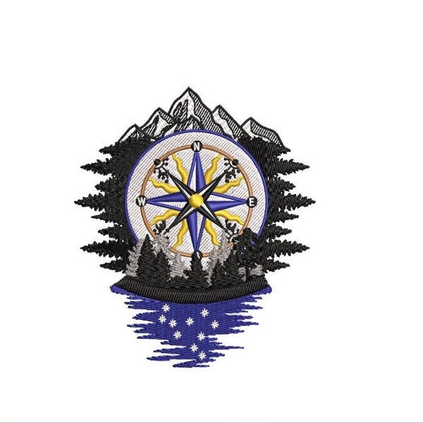 Mountain Sea Trees & Compass 2 sizes will fit a 4x4 and 8x8 Hoop This is a  Machine Embroidery design which is a “Instant Download” file