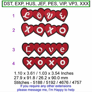 Love & XOXO Hearts words Embroidery Machine Hoop Design - Instant Download