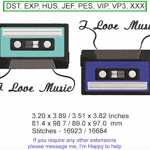 I Love Music Cassette Tape - 2 styles – Sizes  3.20 x 3.89 / 3.51 x 3.82 Inches Machine Embroidery design which is a “Instant Download” file