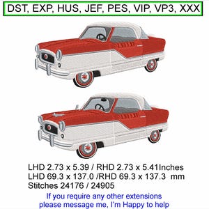 Nash Metropolitan Car 2 Styles - Left & Right hand drive  USA 3.73 x 5.39 / NZ 2.73 x 2.41 Inches Machine Embroidery design