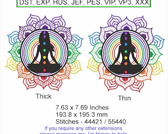 Chakra Girl with Lotus Flower - 2 x Designs, Thin & Thick Lines - Size 7.63 x 7.69 Inches Machine Embroidery design are instant downloads