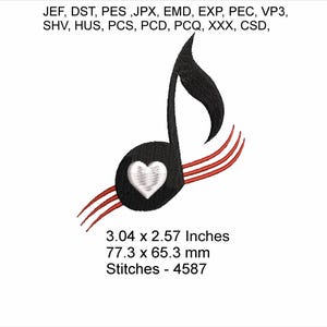 Music Note with a Heart - 3.04 x 2.57 Inches - Machine Embroidery Hoop Design - Digital Download