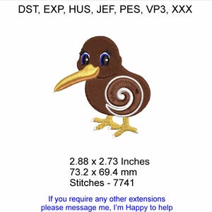 Kenny the Kiwi - grootte 2,88 x 2,75 inch - machineborduurontwerp: een 'direct download'-bestand