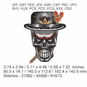 Jack the Skull with hat & Cigar 3 sizes 3.74 x 2.94 / 5.71 x 4.48 / 5.56 x 7.22 Inches Machine Embroidery Hoop Design - Digital Download