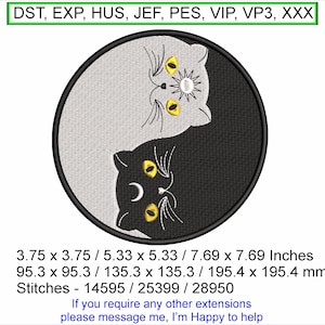 Yin and Yang Night & Day Cats size - 3.75 x 3.75 / 5.33 x 5.33 / 7.69 x 7.69 Inches - Machine Embroidery Hoop Design - Digital Download