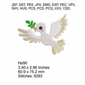 Daisy the Dove with Olive Branch - 2.40 x 2.96 inches - Machine Embroidery design which is a “Instant Download” file