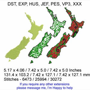 NZ-kaart 3 ontwerpen - maten 5,17 x 4,06 / 7,42 x 5,0 / 7,42 x 5,0 inch machineborduurontwerpen die directe downloads zijn