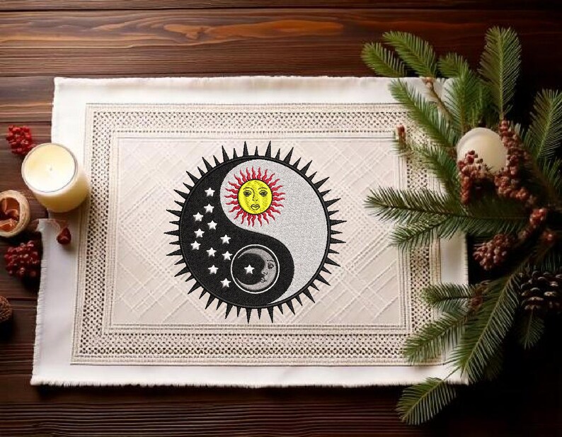 Yin Yang Sun & Moon sizes 3.85 x 3.85 / 5.31 x 5.31 /7.29 x 7.29 Inches Machine Embroidery design-  Instant Download files