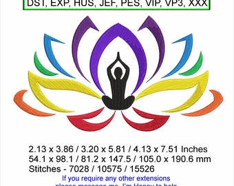 Lotus Flower with Person meditating - Size 2.13 x 3.86 / 3.20 x 5.81 / 4.13 x 7.51 Inches Machine Embroidery design - Instant Download files