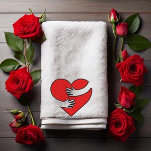 May include: White bath towel with a red heart design featuring two hands embracing the heart. The towel is surrounded by red roses.