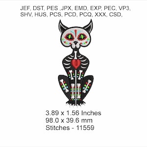 死者の日の猫 - サイズ 3.89 x 1.56 インチ - これはすぐにダウンロードできる機械刺繍デザインです