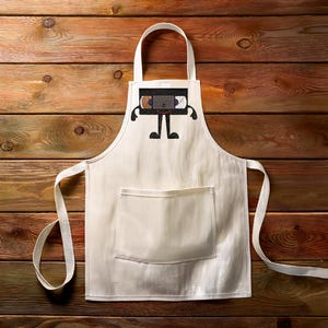 Puede incluir: Un delantal blanco con un bolsillo y un diseño de cinta de casete de dibujos animados en blanco y negro. La cinta de casete tiene una cara sonriente y dos piernas.