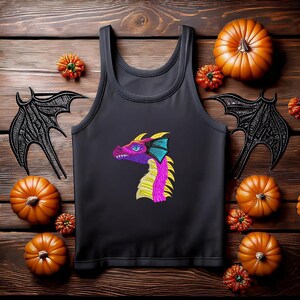 May include: Black tank top with a colorful embroidered dragon design. The dragon is pink, yellow, and blue with a green eye. The tank top is surrounded by black bats and orange pumpkins.