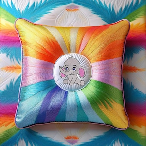 May include: A colorful pillow with a rainbow design and a circular embroidered image of a gray elephant with pink ears in the center.