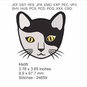 Black and White Cat Face Embroidery Machine Hoop Design - Instant Download