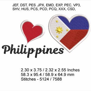 I Love (heart) Philippines / Heart Flag 2 designs- Sizes 2.30 x 3.75 / 2.32 x 2.55 Inches -Machine Embroidery Hoop Design - Digital Download