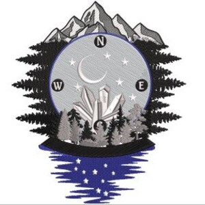 Mountain Sea Trees Crystal Compass will fit in an 8x8 Hoop this is a machine embroidery design that is an instant download