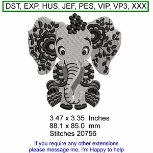 Ellie the Elephant B&W - Size 3.47 x 3.35 Inches  - Machine Embroidery Hoop Design - Digital Download