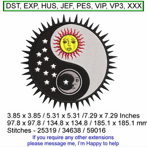 Yin Yang Sun & Moon sizes 3.85 x 3.85 / 5.31 x 5.31 /7.29 x 7.29 Inches Machine Embroidery design-  Instant Download files