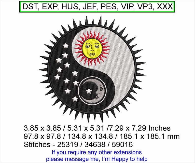 Yin Yang Sun & Moon sizes 3.85 x 3.85 / 5.31 x 5.31 /7.29 x 7.29 Inches Machine Embroidery design-  Instant Download files