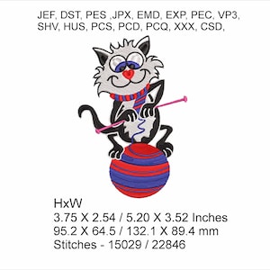 Knitting Kitty Cat on a ball of wool Machine Embroidery Hoop Design instant download