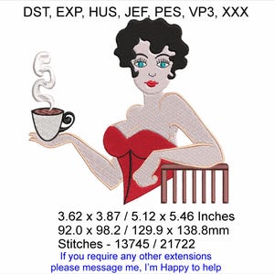 Heather the Tea Lady – Morning Cuppa - Sizes 3.62 x 3.87 / 5.12 x 5.46 Inches - Machine Embroidery design which is instant Download