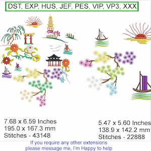 Asian Scene 2 designs - Sizes 5.47 x 5.60 / 7.68 x 6.59 Inches - Machine Embroidery Hoop Design - Digital Download