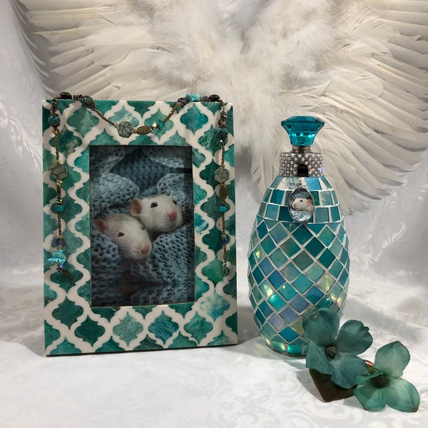 Blue mosaic night light or urn w/matching photo frame & necklace, Rainbow Bridge Urn for small pet