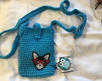 Borsa fatta a mano all'uncinetto, borsa per cellulare, novità, punk, gatto, bel regalo