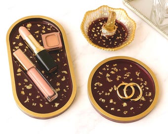 Oval or Round Vanity Trays & Ring Holder with Gold or Silver Leaf Flakes