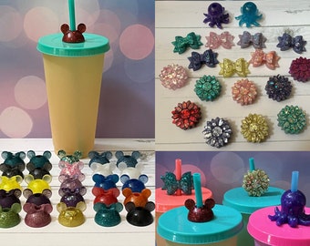 Custom Glitter Straw Toppers – Disney Inspired, Bow, Mouse Ears, Octopus & Sunflower Designs