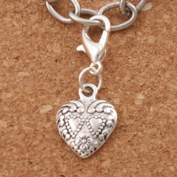 Clip-on Charm Sliver Weaved Rim Heart Dangle Charm for Bracelet Necklace Zipper Pull Keychain